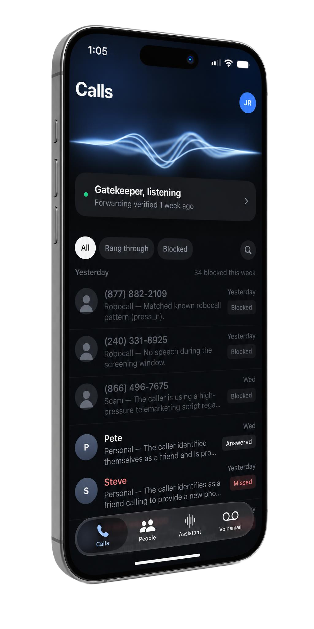 Phone Screen call history with spam calls quietly blocked